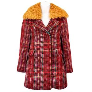 Vintage Etro 100% Wool Rainbow Tweed Coat w/ Marigold Curly Wool Collar, Size 38